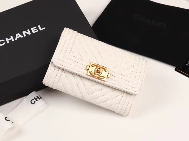 Chanel Calfskin Leather Card packet & Gold-Tone Metal A80603 white