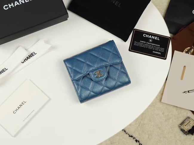 Chanel Calfskin Leather wallet & Gold-Tone Metal A82288 blue