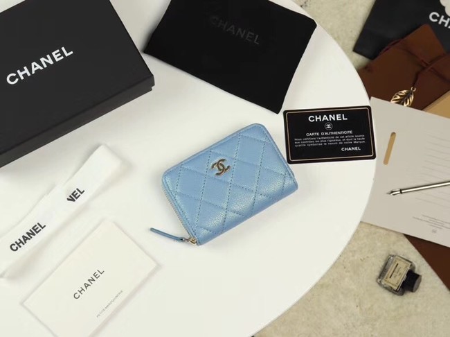 Chanel classic card holder Grained Calfskin & Gold-Tone Metal A69271 Blue