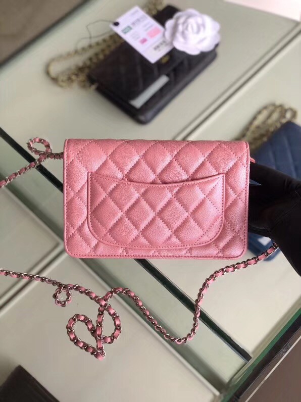 Chanel classic wallet on chain Grained Calfskin & Silver-Tone Metal 33814 Pearlescent Pink