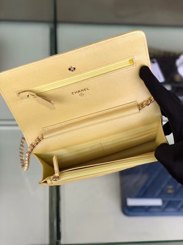 Chanel classic wallet on chain Grained Calfskin & gold-Tone Metal 33814 Pearlescent apricot