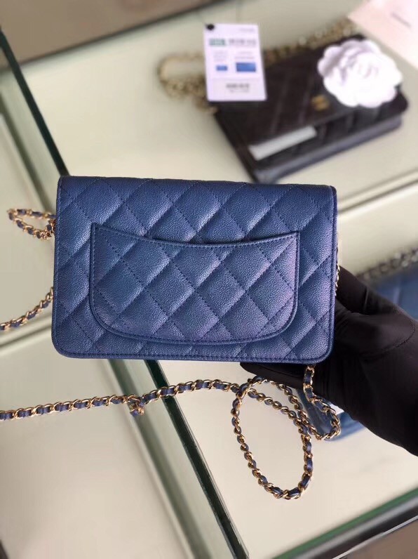 Chanel classic wallet on chain Grained Calfskin & gold-Tone Metal 33814 Pearlescent blue