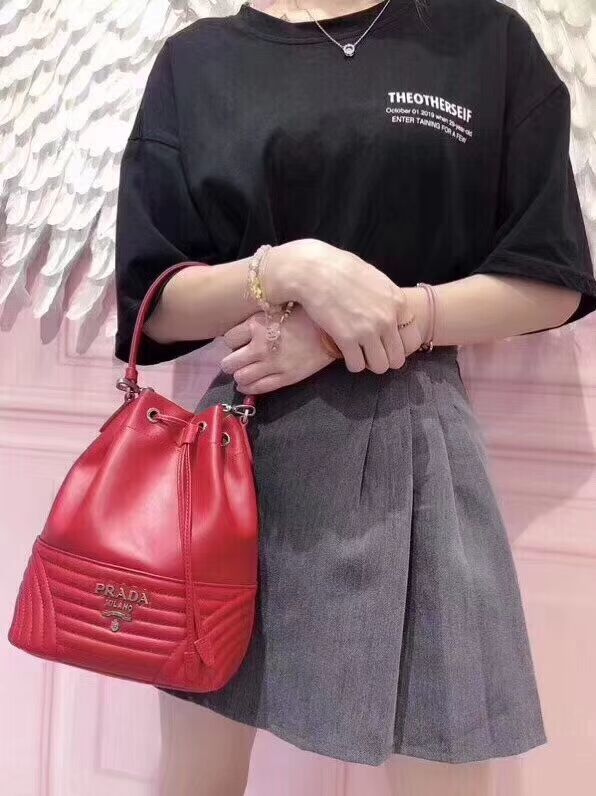 Prada Original Calfskin Leather Bucket Bag 1BH038 Red