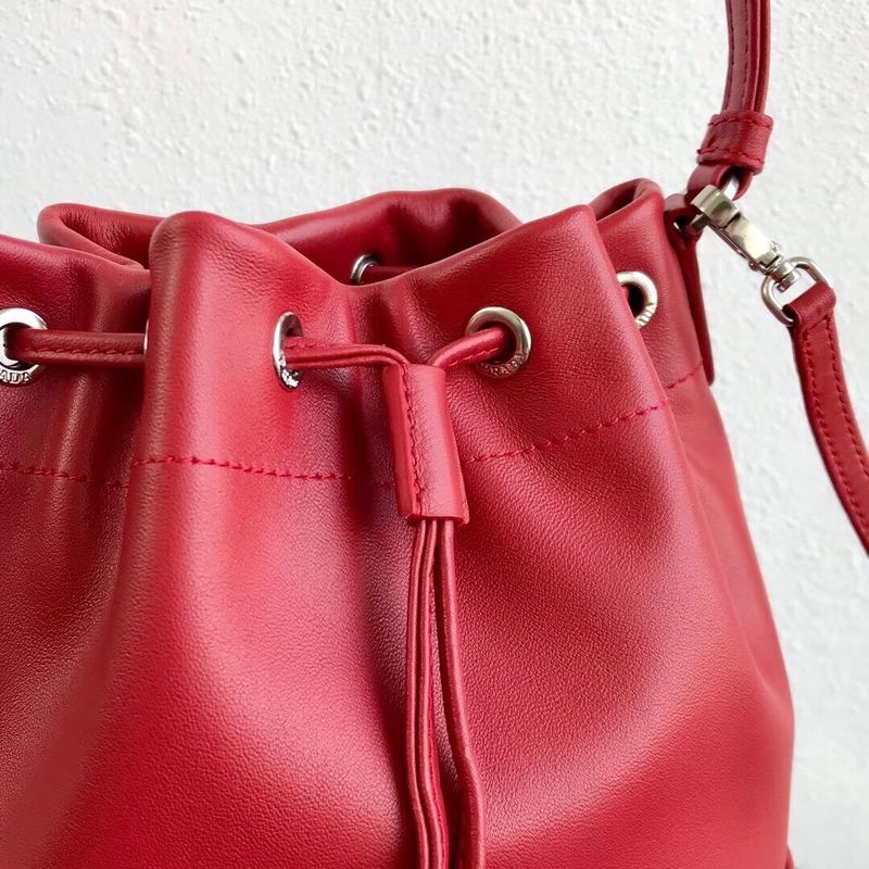 Prada Original Calfskin Leather Bucket Bag 1BH038 Red