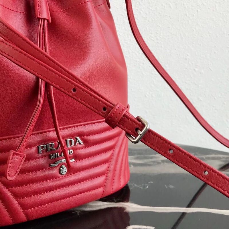 Prada Original Calfskin Leather Bucket Bag 1BH038 Red