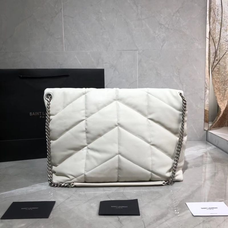 Yves Saint Laurent LOULOU PUFFER MEDIUM BAG IN QUILTED CRINKLED MATTE LEATHER Y577475 White