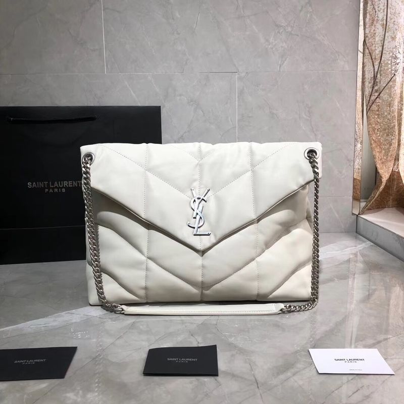 Yves Saint Laurent LOULOU PUFFER MEDIUM BAG IN QUILTED CRINKLED MATTE LEATHER Y577475 White