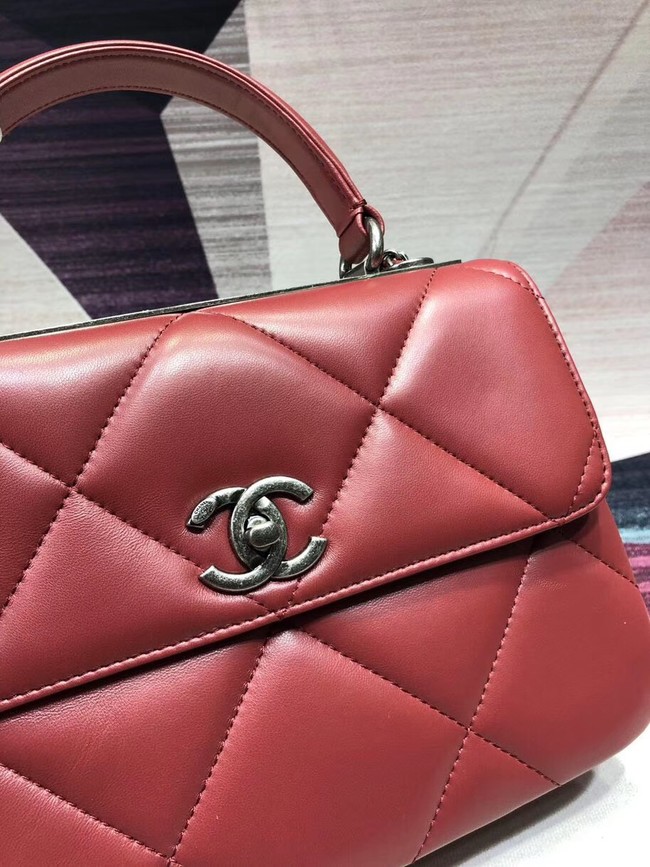 Chanel CC original lambskin top handle flap bag A92236 red&silver-Tone Metal