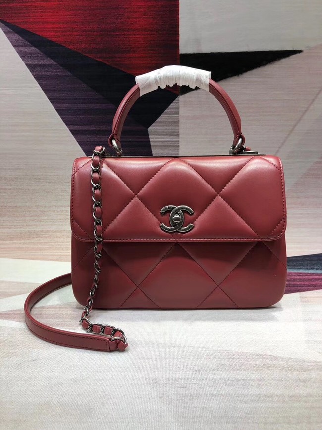 Chanel CC original lambskin top handle flap bag A92236 red&silver-Tone Metal