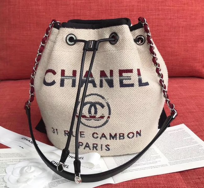 CHANEL Tweed Calfskin drawstring bag & Gold-Tone Metal AS0455 Cream