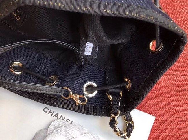 CHANEL Tweed Calfskin drawstring bag & Gold-Tone Metal AS0455 Navy