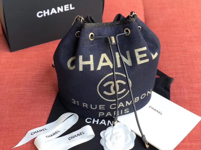 CHANEL Tweed Calfskin drawstring bag & Gold-Tone Metal AS0455 Navy