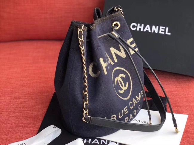 CHANEL Tweed Calfskin drawstring bag & Gold-Tone Metal AS0455 Navy