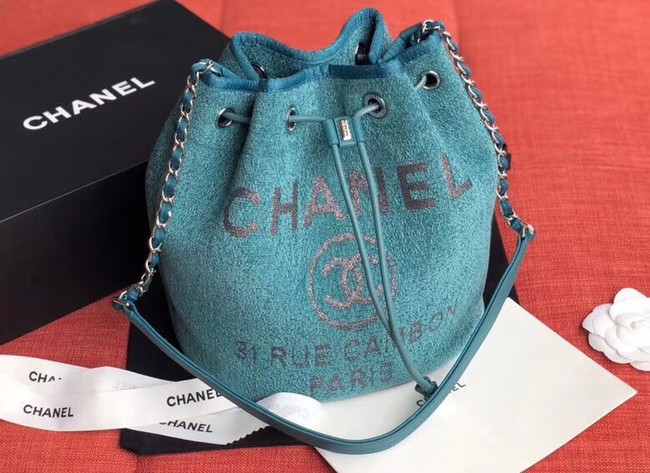 CHANEL Tweed Calfskin drawstring bag & Gold-Tone Metal AS0455 blue