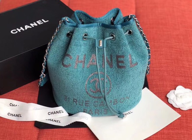 CHANEL Tweed Calfskin drawstring bag & Gold-Tone Metal AS0455 blue