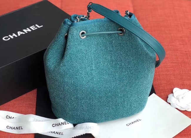 CHANEL Tweed Calfskin drawstring bag & Gold-Tone Metal AS0455 blue