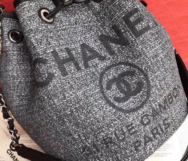 CHANEL Tweed Calfskin drawstring bag & Gold-Tone Metal AS0455 grey