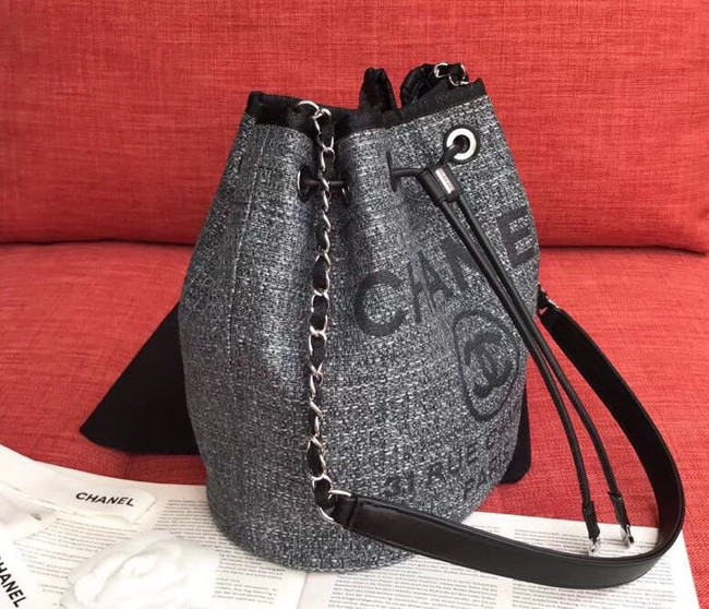 CHANEL Tweed Calfskin drawstring bag & Gold-Tone Metal AS0455 grey