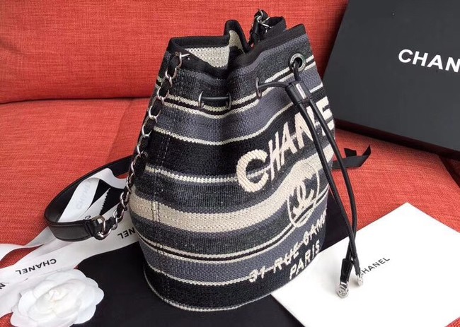 CHANEL Tweed Calfskin drawstring bag & Gold-Tone Metal AS0455 grey.white.Navy