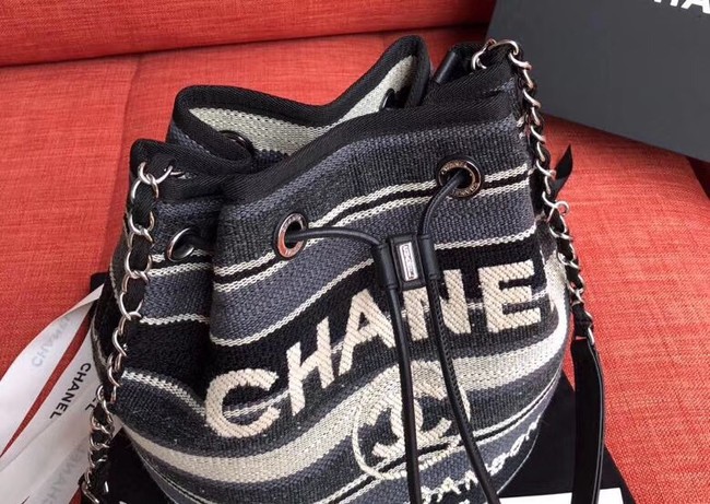 CHANEL Tweed Calfskin drawstring bag & Gold-Tone Metal AS0455 grey.white.Navy