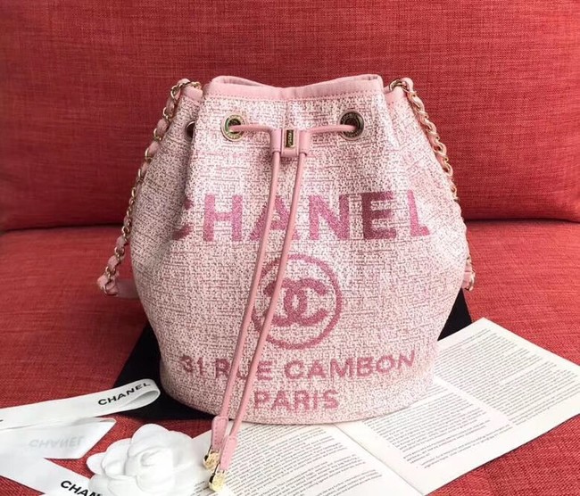 CHANEL Tweed Calfskin drawstring bag & Gold-Tone Metal AS0455 pink