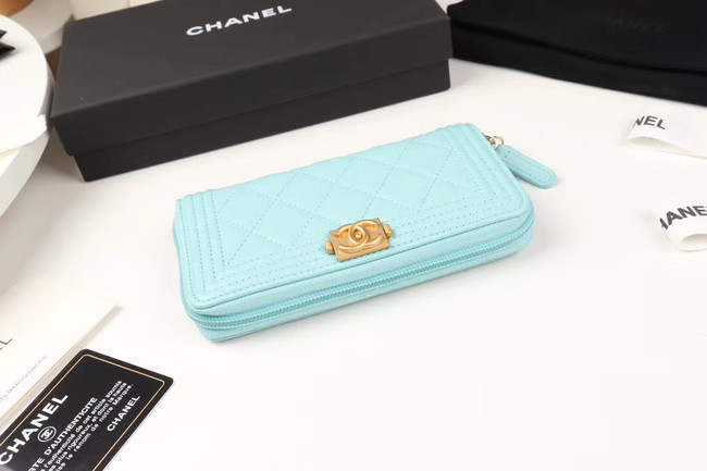 Chanel Calfskin Leather & Gold-Tone Metal Wallet A80566 Light Blue