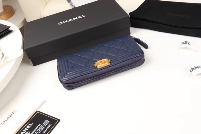 Chanel Calfskin Leather & Gold-Tone Metal Wallet A80566 dark blue