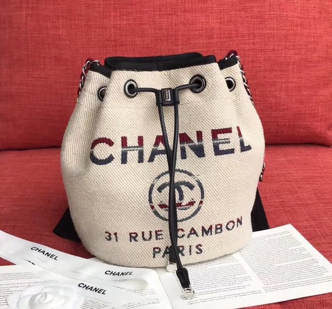 CHANEL Tweed Calfskin drawstring bag & Gold-Tone Metal AS0455 Cream