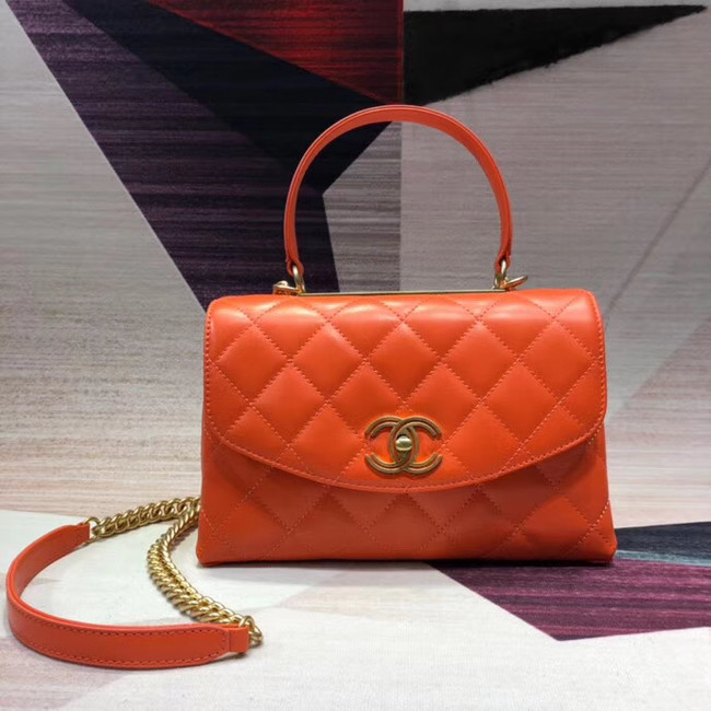 Chanel flap bag with top handle Lambskin & Gold-Tone Metal AS1174 orange