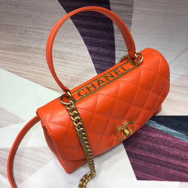 Chanel flap bag with top handle Lambskin & Gold-Tone Metal AS1174 orange