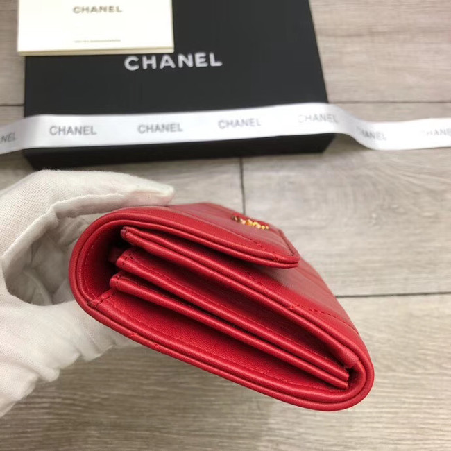 Chanel sheepskin & Gold-Tone Metal Wallet A6871 red