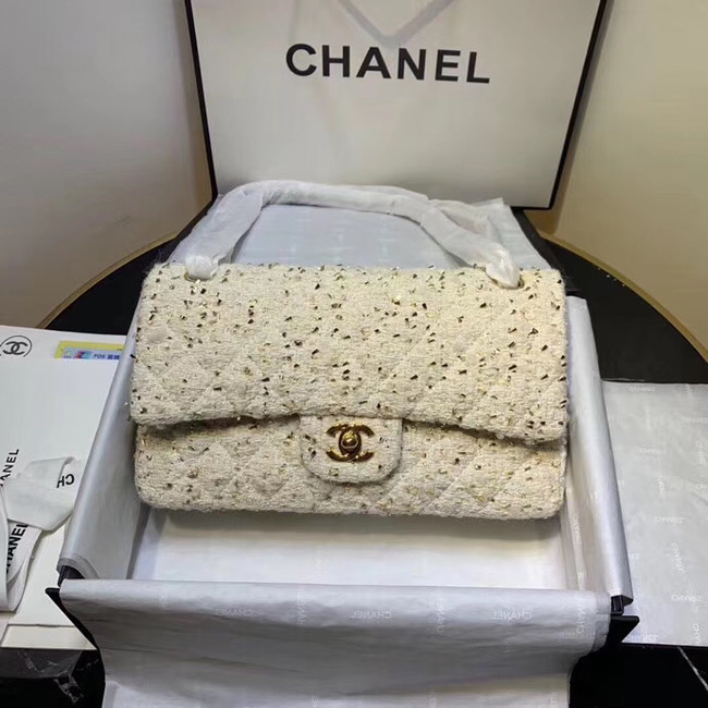 CHANEL Tweed Calfskin -Tone & Gold-Tone Metal AS1112 white