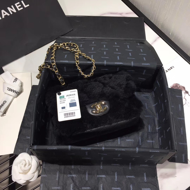 Chanel flap bag Wool sheepskin &Gold-Tone Metal AS1199 black