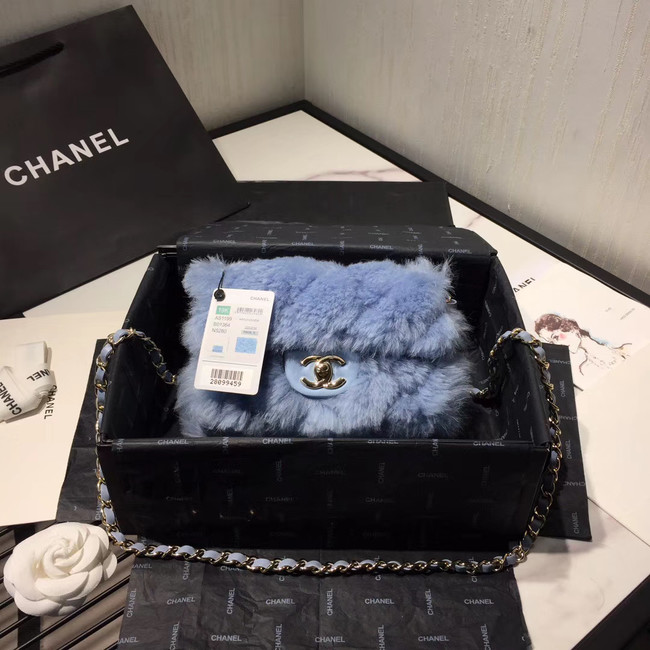 Chanel flap bag Wool sheepskin &Gold-Tone Metal AS1199 light blue