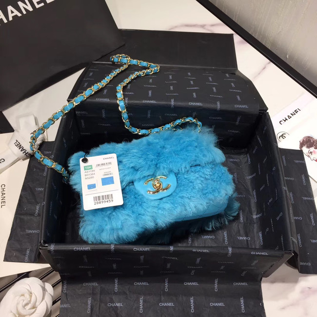 Chanel flap bag Wool sheepskin &Gold-Tone Metal AS1199 skyblue