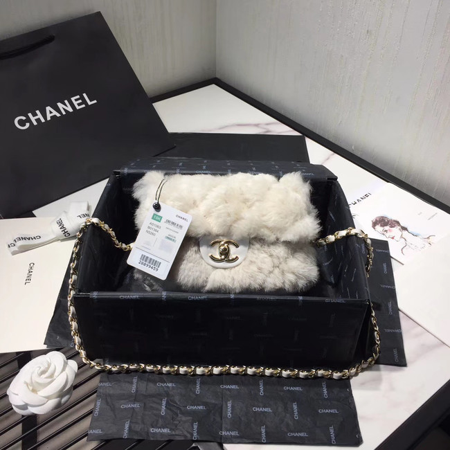 Chanel flap bag Wool sheepskin &Gold-Tone Metal AS1199 white