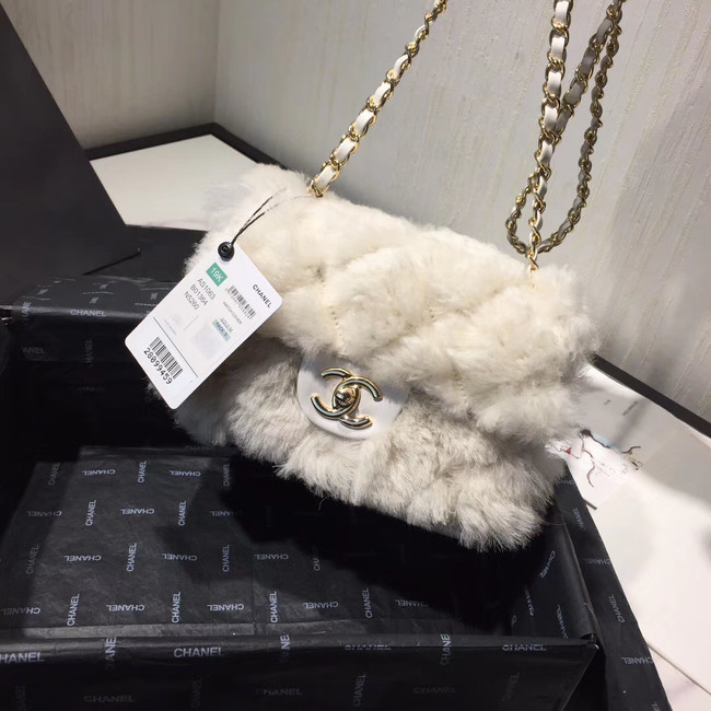 Chanel flap bag Wool sheepskin &Gold-Tone Metal AS1199 white