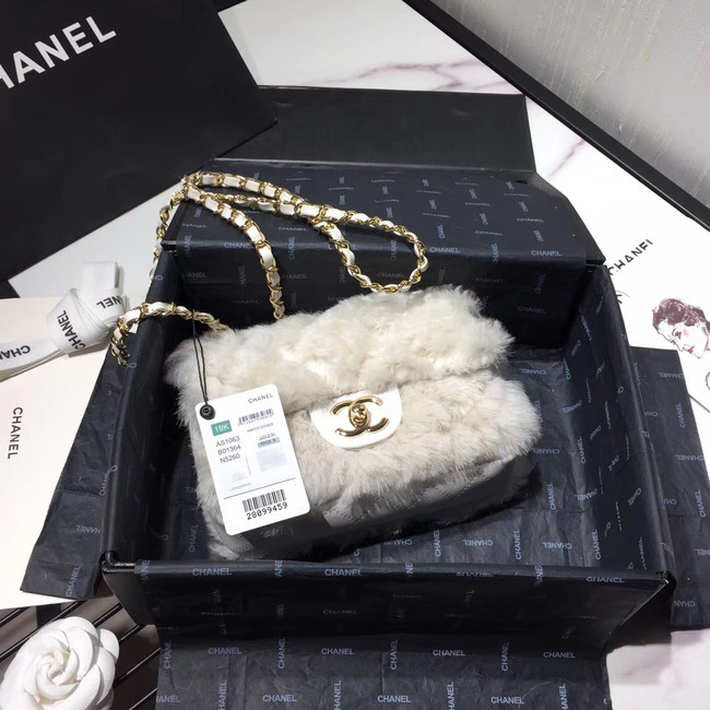 Chanel flap bag Wool sheepskin &Gold-Tone Metal AS1199 white