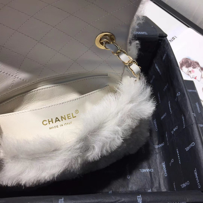 Chanel flap bag Wool sheepskin &Gold-Tone Metal AS1199 white