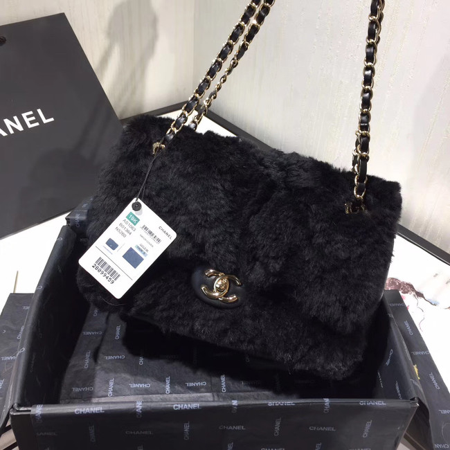 Chanel flap bag Wool sheepskin &Gold-Tone Metal AS1200 black