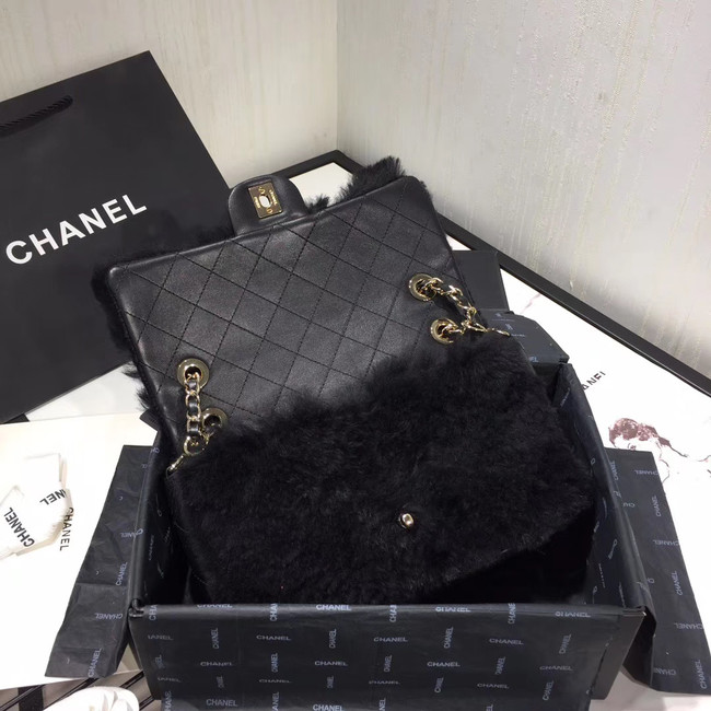 Chanel flap bag Wool sheepskin &Gold-Tone Metal AS1200 black