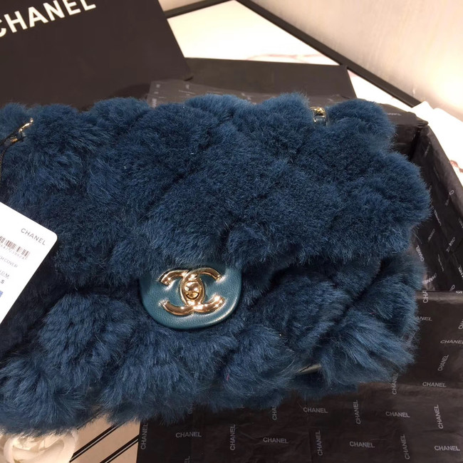 Chanel flap bag Wool sheepskin &Gold-Tone Metal AS1200 blue