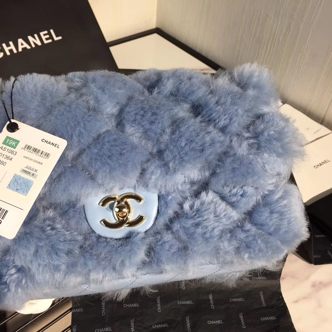 Chanel flap bag Wool sheepskin &Gold-Tone Metal AS1200 light blue