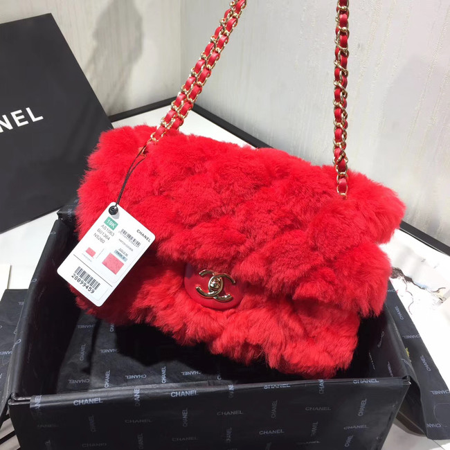 Chanel flap bag Wool sheepskin &Gold-Tone Metal AS1200 red