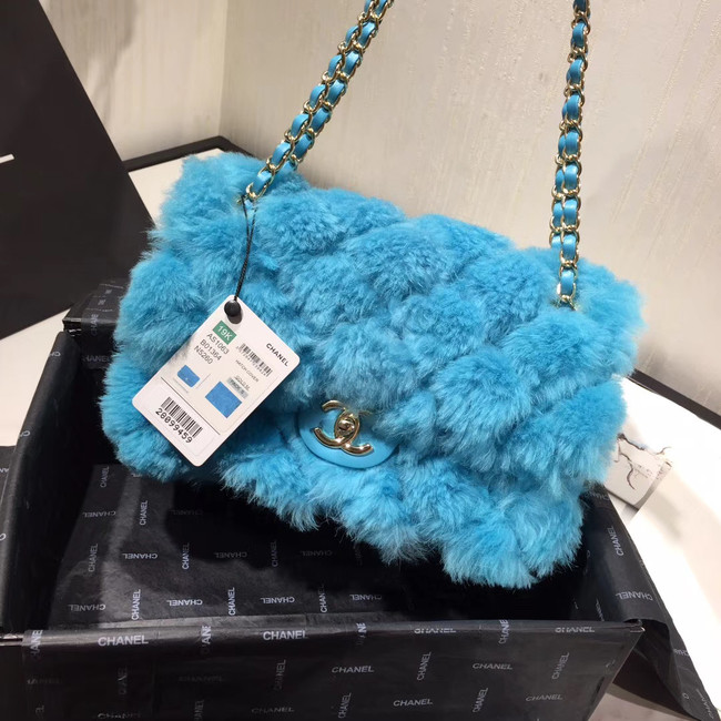 Chanel flap bag Wool sheepskin &Gold-Tone Metal AS1063 sky blue