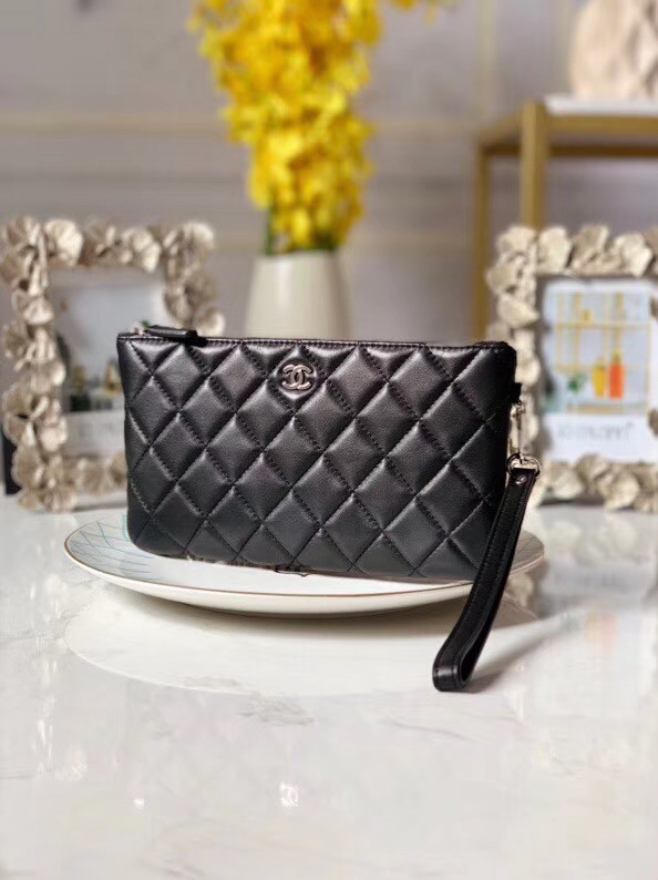 Chanel Lambskin Clutch Bag & silver-Tone Metal A010 black