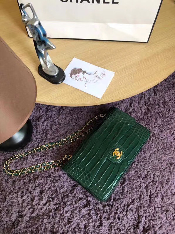 Chanel Classic Flap Bag Original Alligator & Gold-Tone Metal A01112 Blackish green