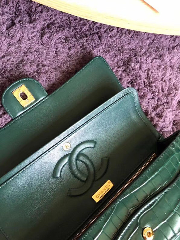 Chanel Classic Flap Bag Original Alligator & Gold-Tone Metal A01112 Blackish green