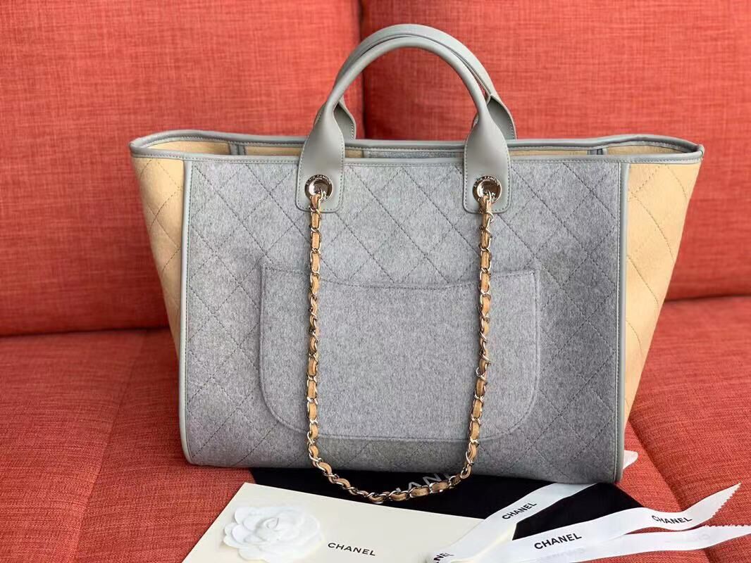 Chanel Original Tote Shopping Bag Wool calfskin & Silver-Tone Metal A93786 Grey&beige