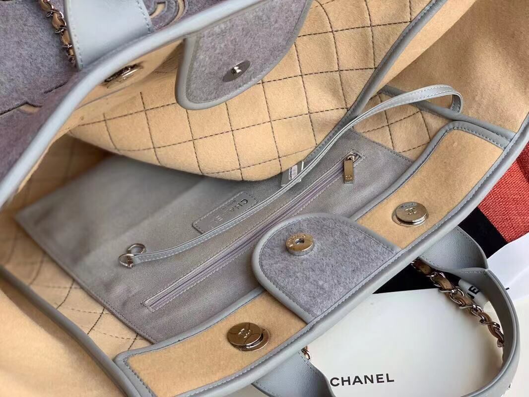 Chanel Original Tote Shopping Bag Wool calfskin & Silver-Tone Metal A93786 Grey&beige